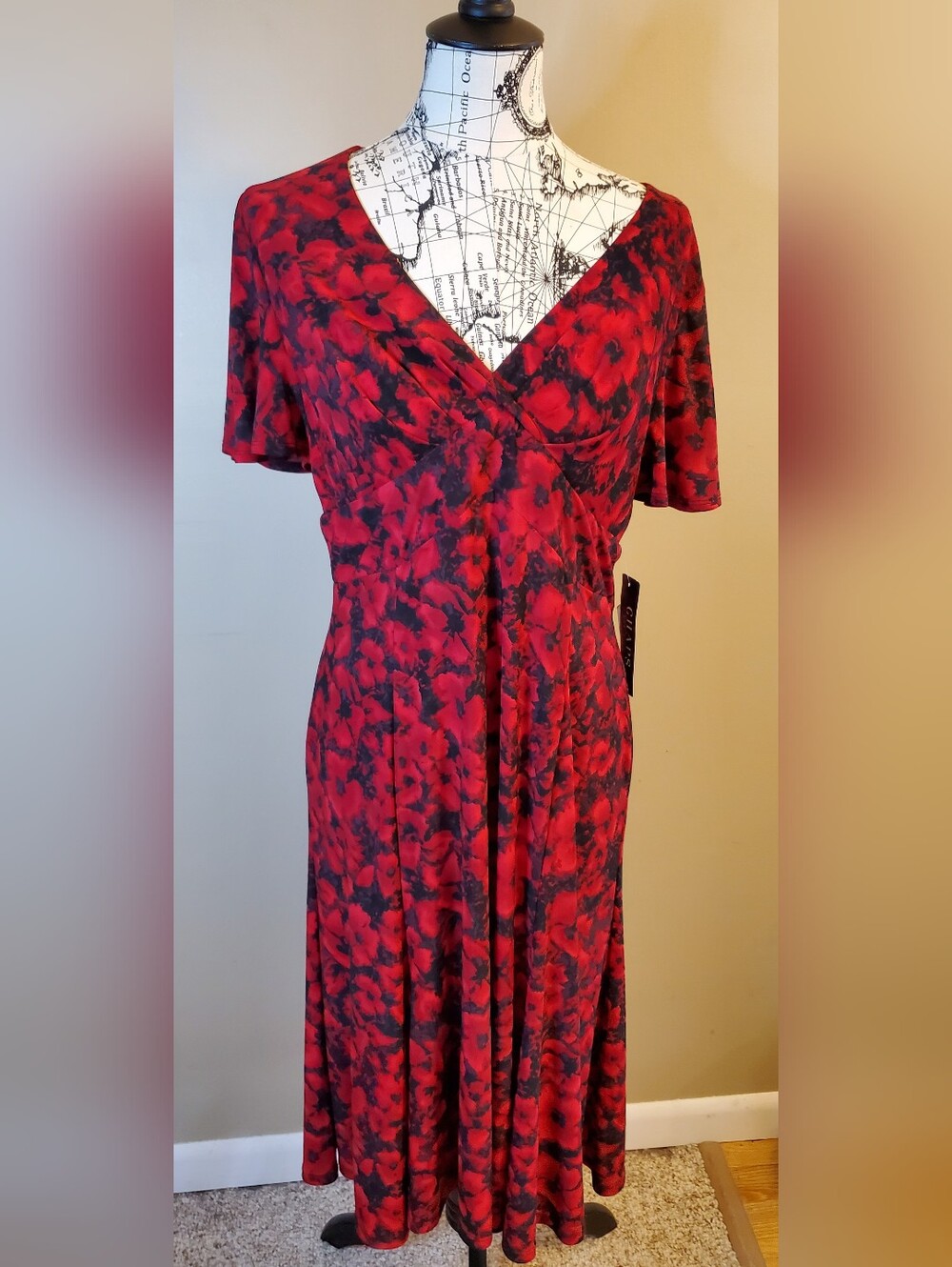 Chaps Womens Large Red Black Floral Faux Wrap Dress Flutter Sleeve NWT Midi